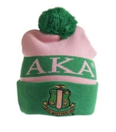 AKA Knit Beanie in pink and green with pom-pom, perfect sorority paraphernalia for Alpha Kappa Alpha pride and style.