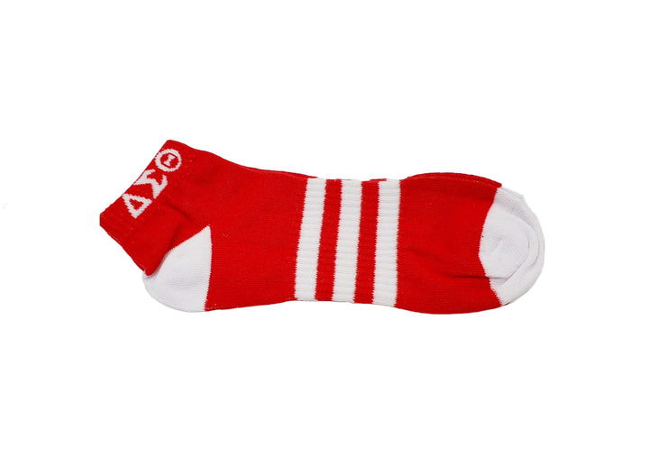 Delta striped ankle socks in red and white, perfect sorority and fraternity gear for stylish comfort.