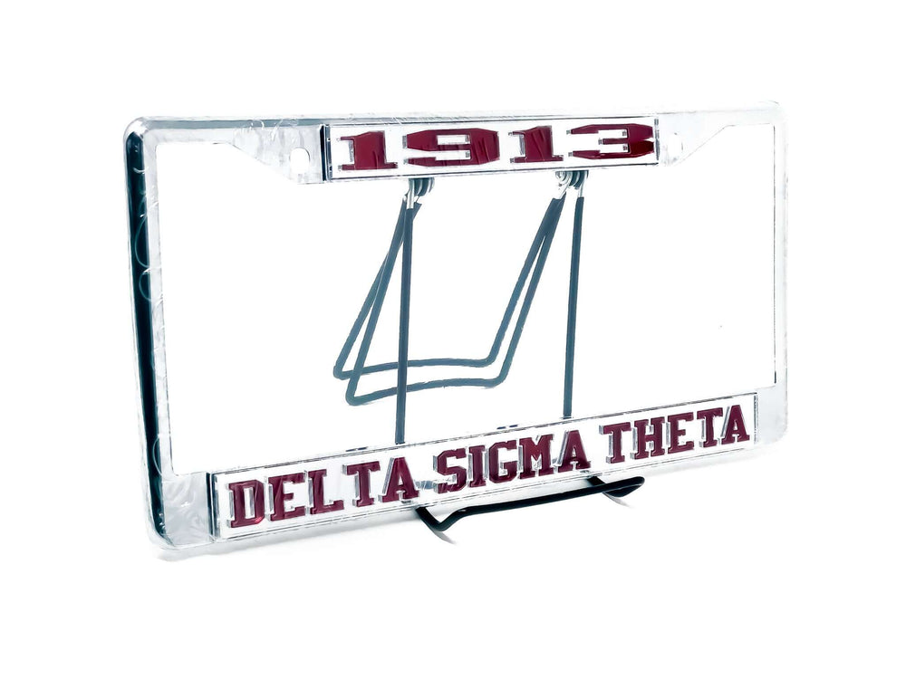 Delta Sigma Theta car tag frame in silver with “1913” branding, perfect for sorority paraphernalia and Greek gear.