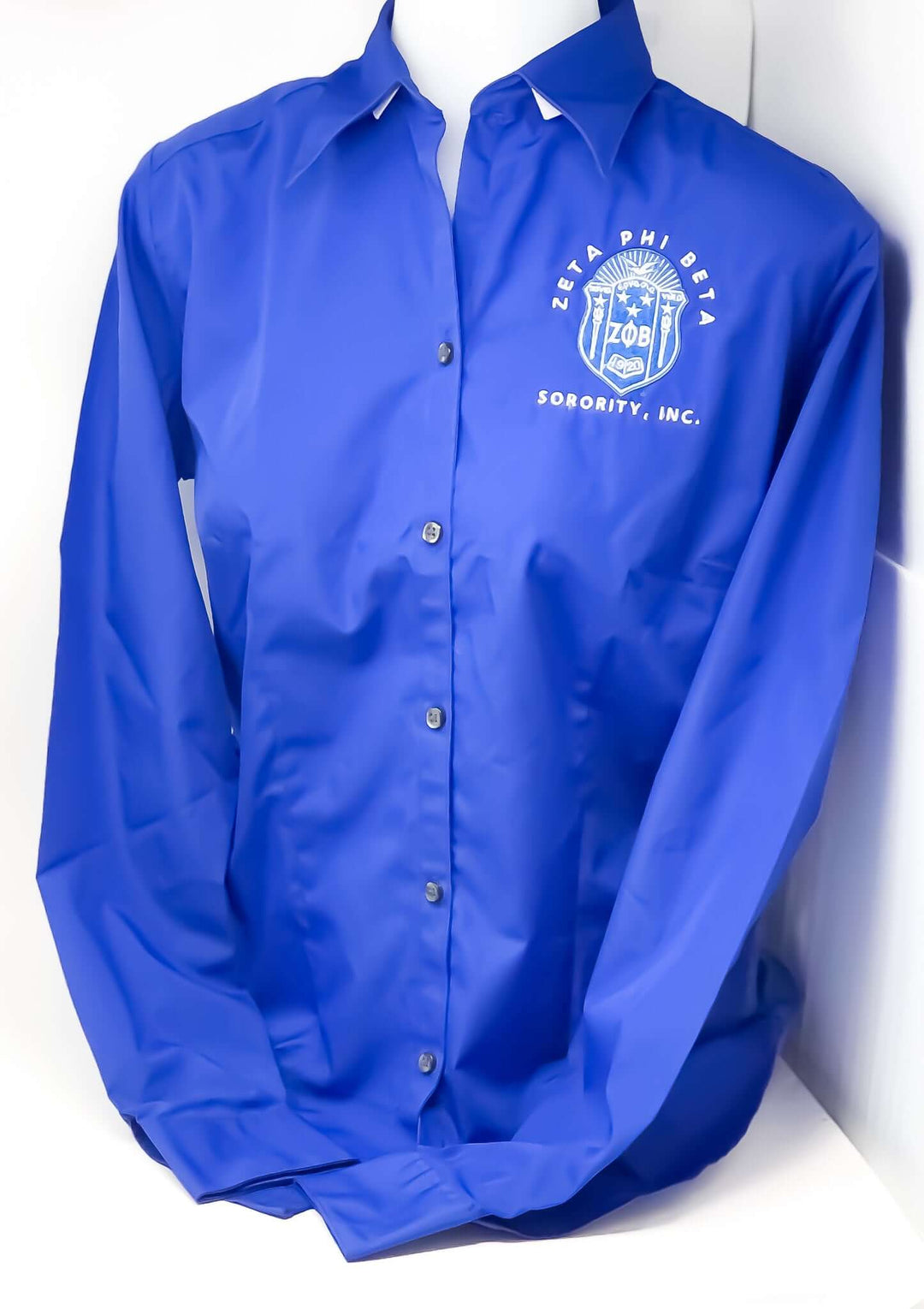 Zeta Shirt by Van Heusen in blue, long sleeve, featuring sorority crest, wrinkle-free, perfect for Greek gear and fraternity paraphernalia.