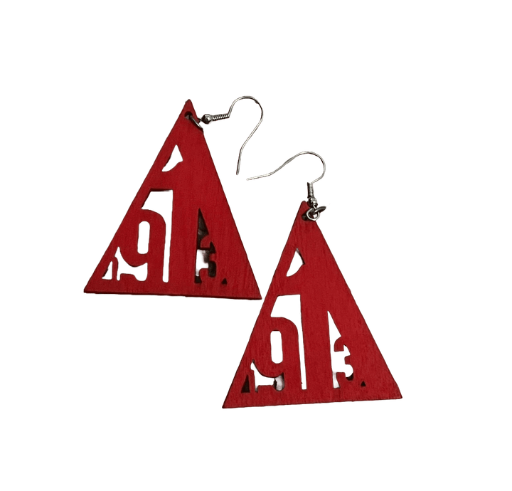 Delta Jewelry red triangle earrings designed for sorority and fraternity members, perfect Greek gear accessory.