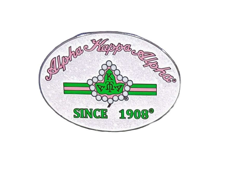 AKA Pins - White Glitter oval with ivy leaf, 2 inches wide; perfect for sorority and fraternity greek gear paraphernalia.