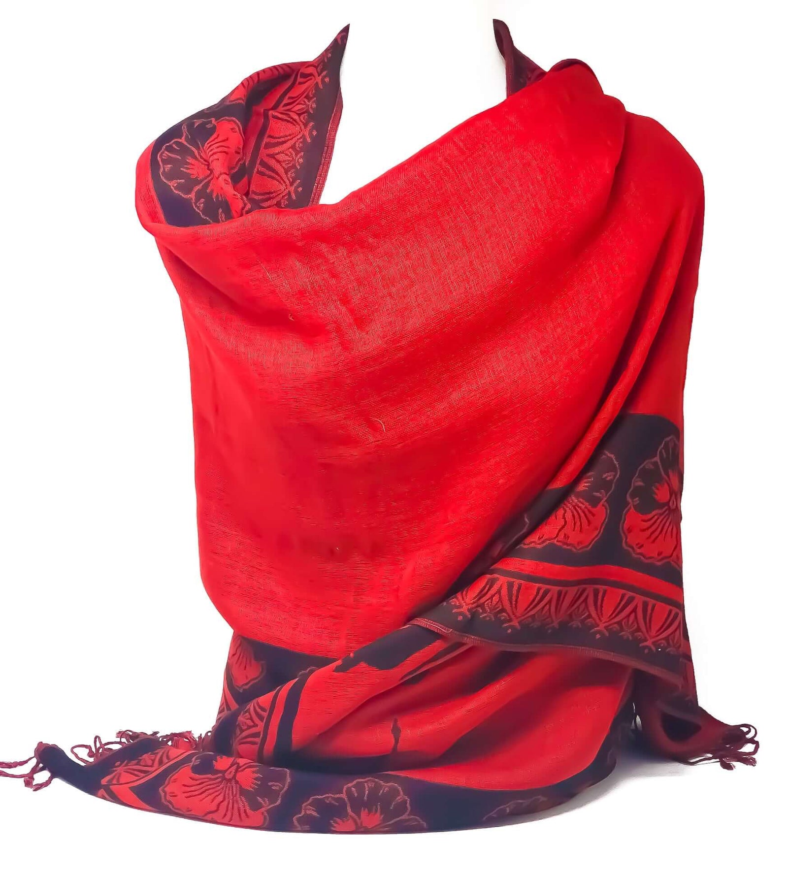Elegant red Delta pashmina scarf wrap featuring floral design, perfect for sorority or fraternity Greek gear fashion.