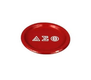 Delta Sigma Theta red paper plate showcasing sorority symbols, perfect for Greek gear and gatherings.
