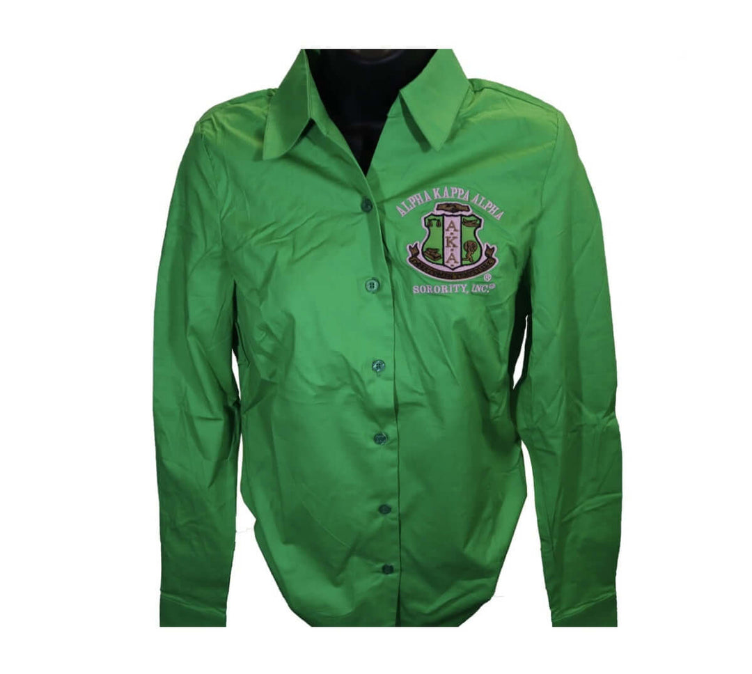 AKA Green Button Collar Shirt showcasing sorority pride and stylish Greek gear for any occasion.