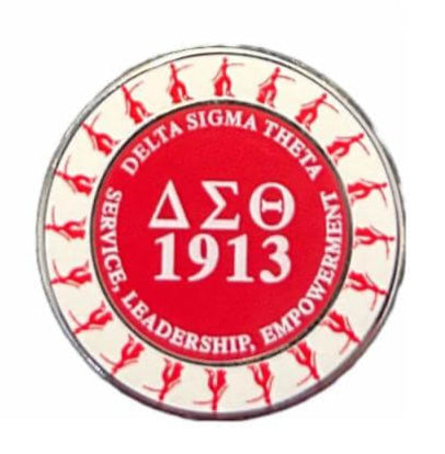 Delta Sigma Theta pin featuring sorority symbols, celebrating service and leadership, perfect for Greek gear enthusiasts.