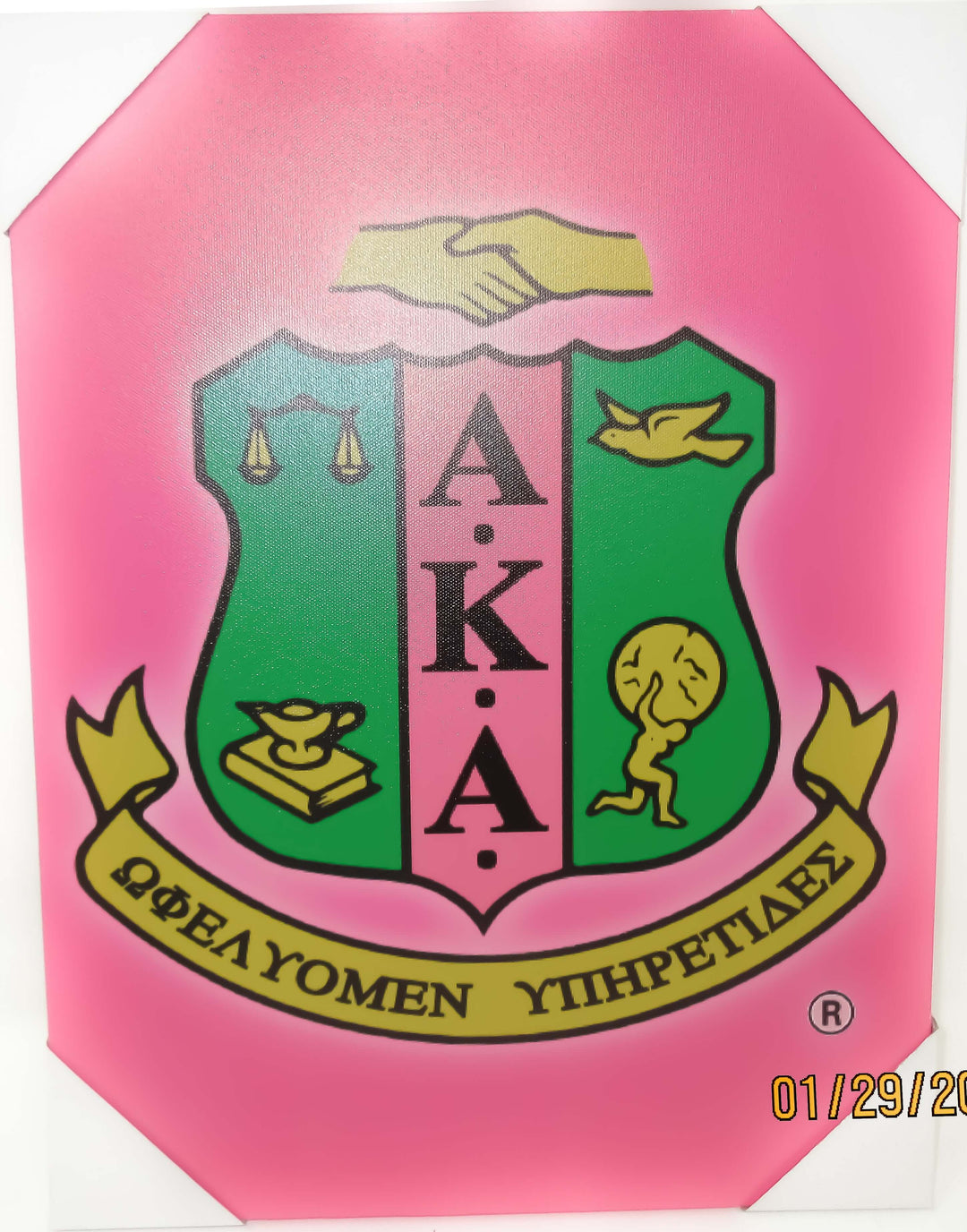 AKA shield canvas on pink background, perfect sorority paraphernalia and Greek gear for members.