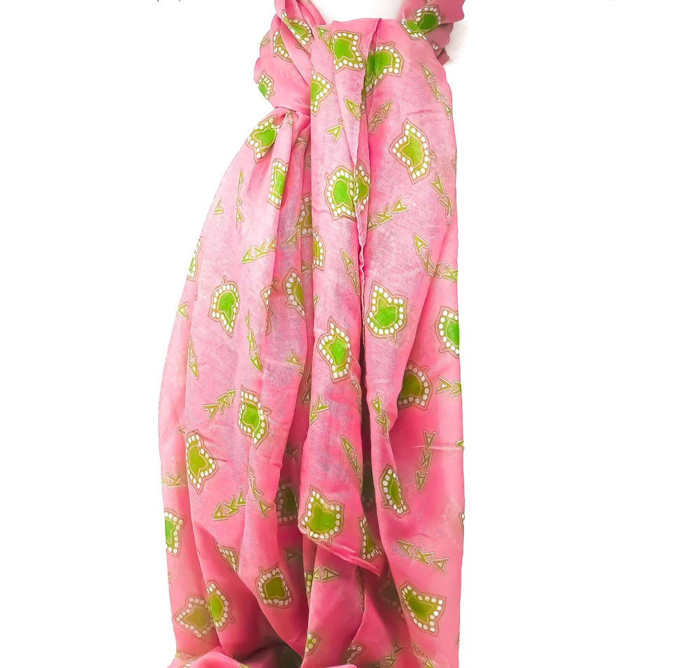 AKA Feather Light Scarf in pink and green with feather pattern, perfect Greek gear for sorority enthusiasts.