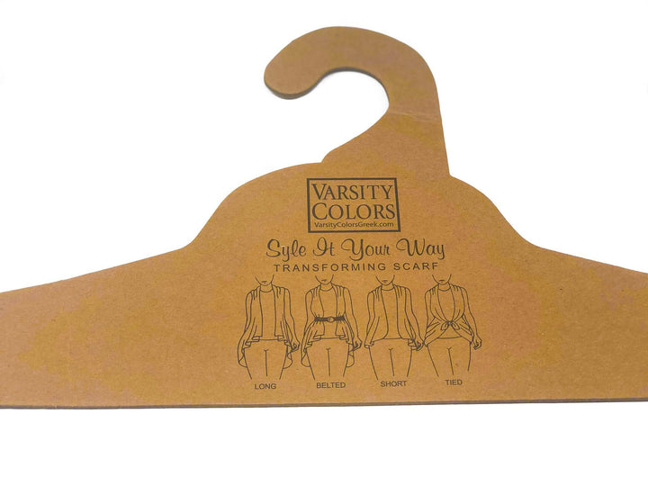 Transforming Scarf style guide on a hanger showcasing versatile ways to wear for sorority and fraternity pride.