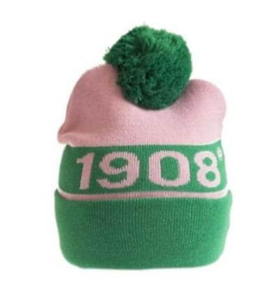 AKA Knit Beanie with pom-pom, featuring Greek letters and 1908 design, ideal sorority paraphernalia and Greek gear.