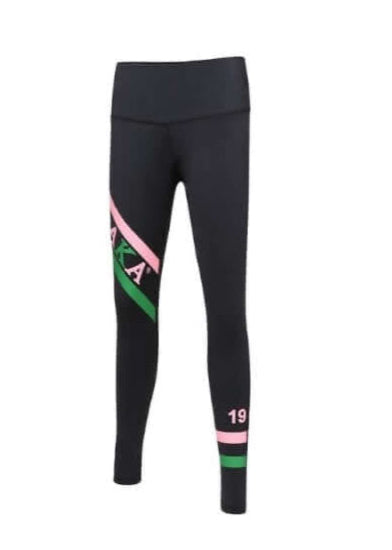 AKA Performance Leggings in black with pink and green stripes, perfect for workouts or casual wear, ideal Greek gear.