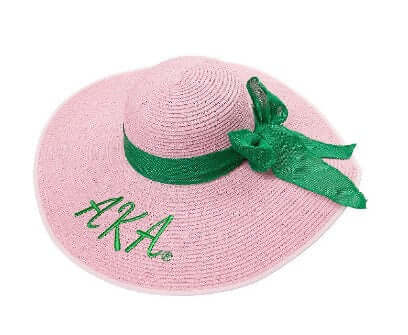 AKA Fashion Sun Hat in pink with green ribbon, perfect sorority accessory for summer and sun protection.