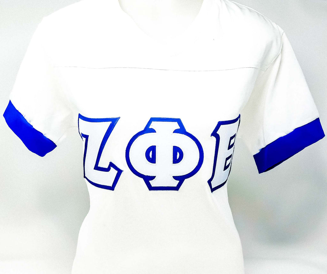 Zeta T-Shirt with Greek letters in blue trim, perfect for sorority and fraternity paraphernalia and Greek gear.