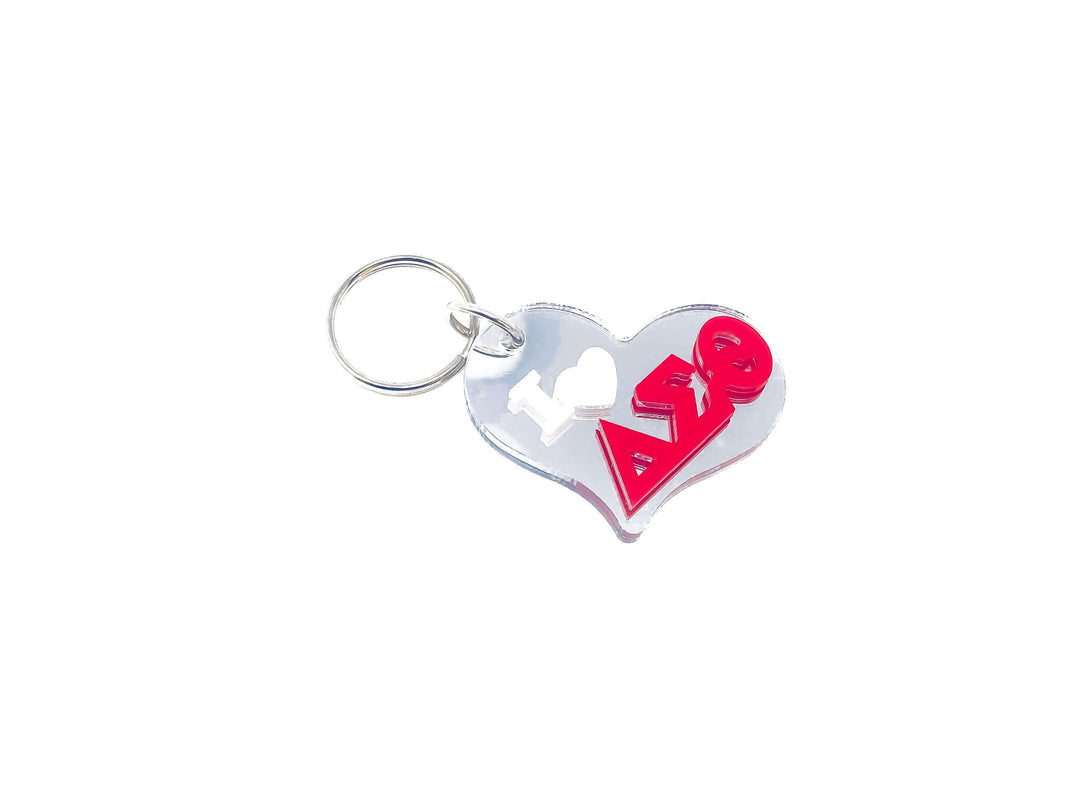 Delta I Heart Keychain for sorority pride, featuring a vibrant heart design, perfect Greek gear for Delta Sigma Theta members.