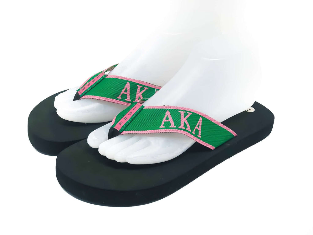 AKA flip flop sandals in green and pink, perfect for sorority and fraternity paraphernalia and Greek gear.