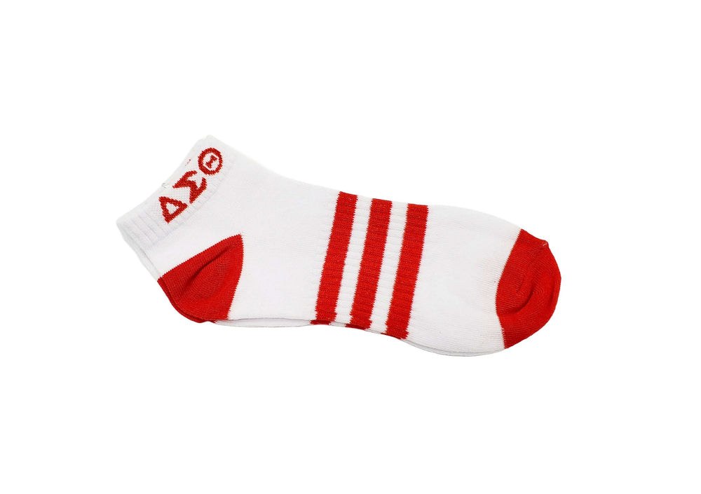 Delta striped ankle socks in red and white, perfect for sorority or fraternity greek gear and stylish everyday wear.