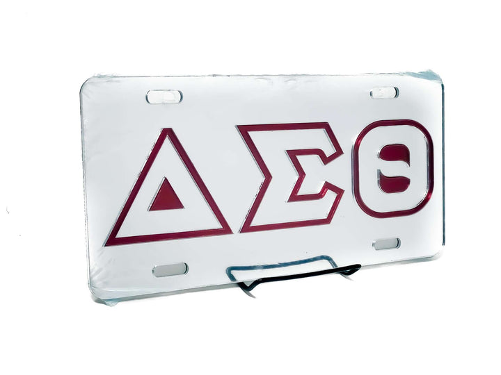 Delta Sigma Theta car tag showcasing iconic symbols, perfect Greek gear for sorority pride on the road.