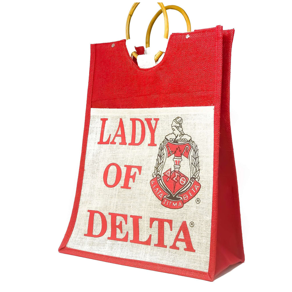 Delta burlap tote bag featuring "Lady of Delta" design, perfect for sorority and fraternity paraphernalia and Greek gear.