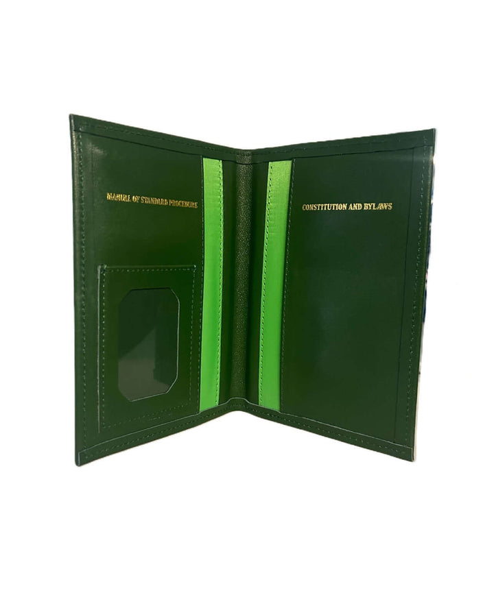 Elegant green leather document holder for sorority and fraternity manuals, perfect greek gear for organizing important documents.