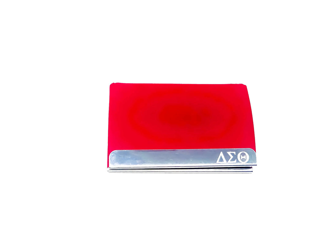 Red Delta Sigma Theta business card holder, perfect for sorority networking and professional events.