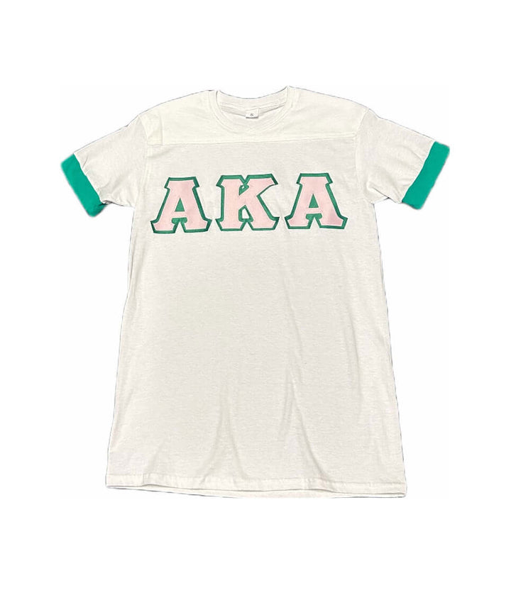 Classic white t-shirt with green trim, embroidered "AKA" letters, perfect for sorority and fraternity Greek gear.