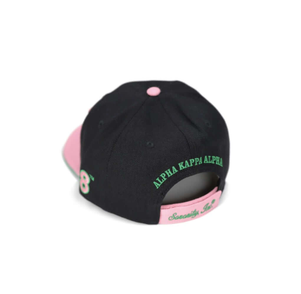AKA Symbols Hat in black and pink, featuring Alpha Kappa Alpha branding, perfect for sorority pride and Greek gear.
