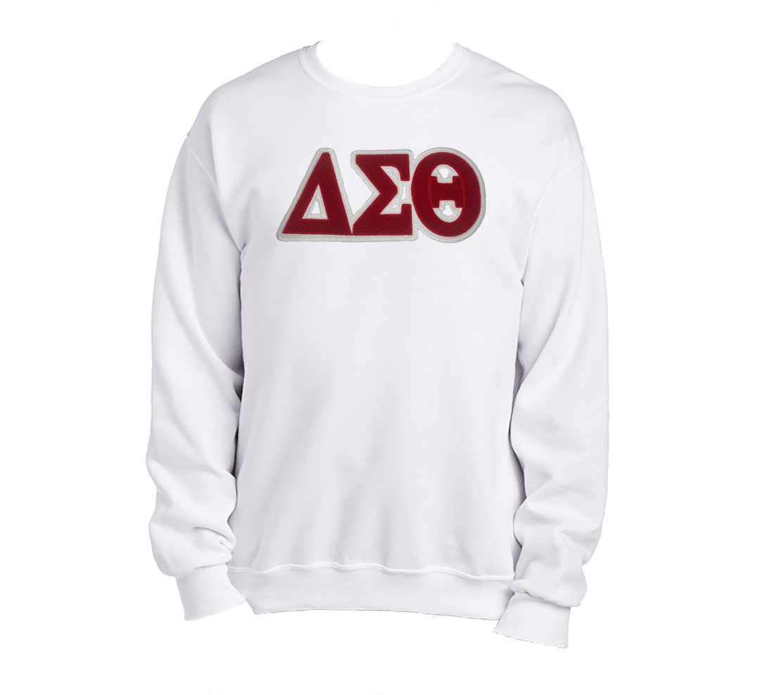 Delta Sigma Theta embroidered white sweatshirt, perfect sorority paraphernalia and Greek gear for casual style.