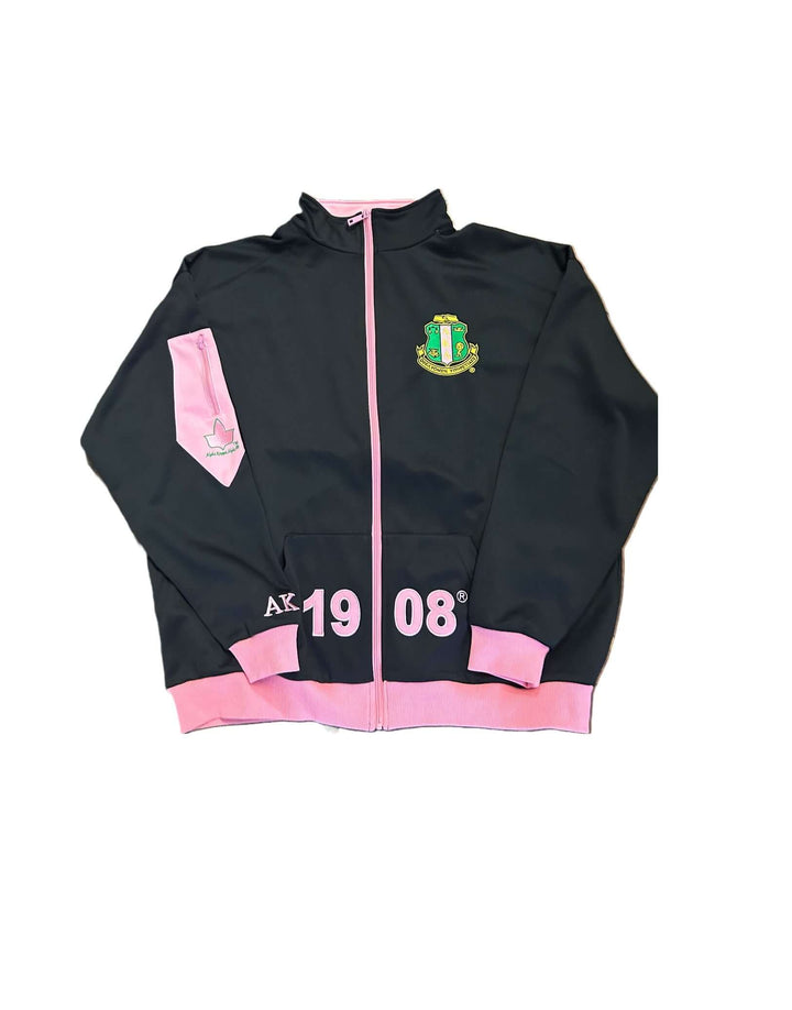 AKA 1908 zip-up jacket in black and pink, perfect Greek gear for sorority and fraternity members.