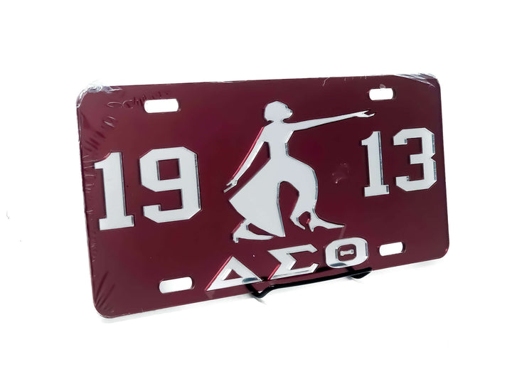 Delta Sigma Theta car tag with iconic design, featuring the year 1913 and sorority symbol, perfect Greek gear accessory.