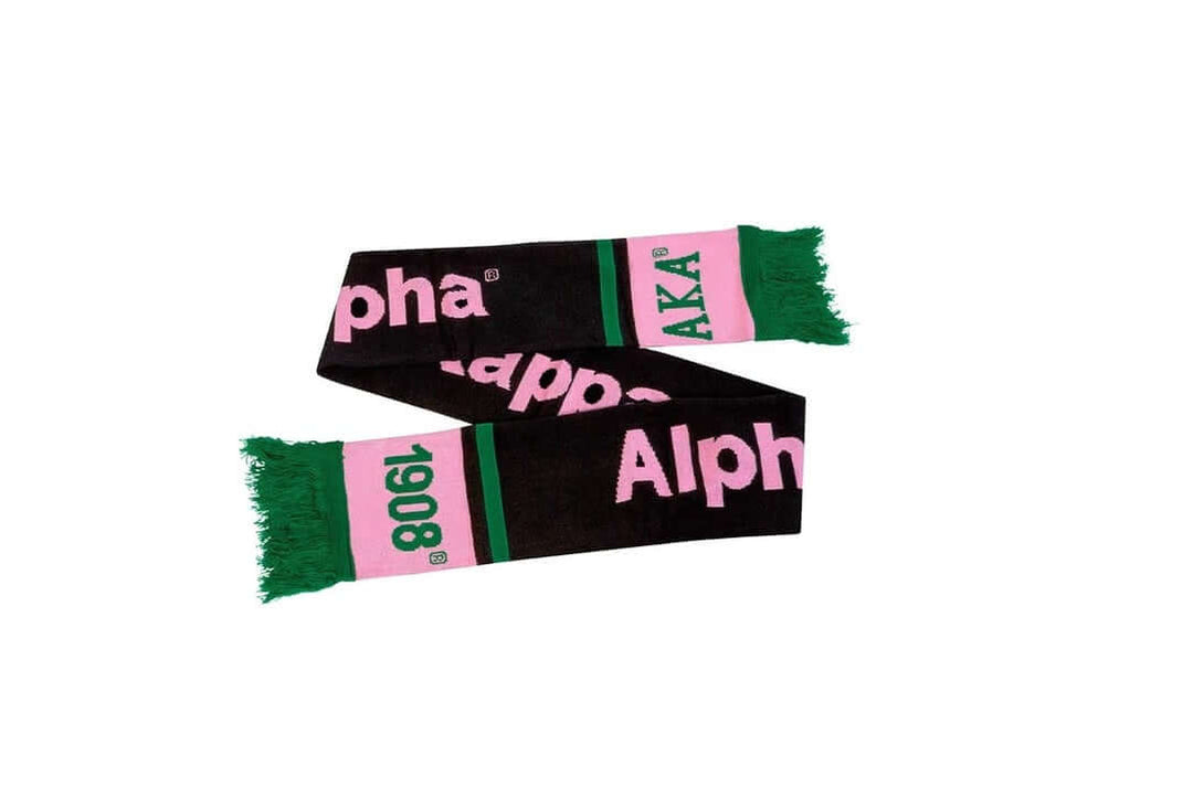 AKA Knit Scarf showcasing pink and green colors, perfect sorority paraphernalia for fraternity pride and Greek gear.