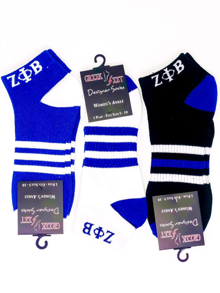 Zeta Striped Ankle Socks in blue and white, perfect sorority paraphernalia for Greek gear enthusiasts.