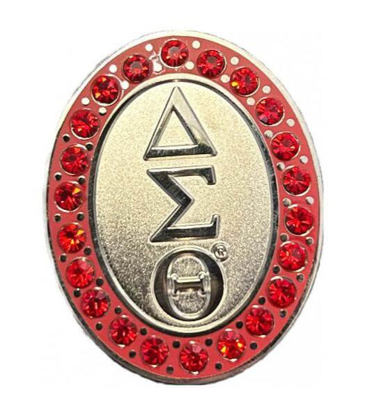 Delta Pins with silver sandblasted metal and red rubies for sorority and fraternity paraphernalia and Greek gear.