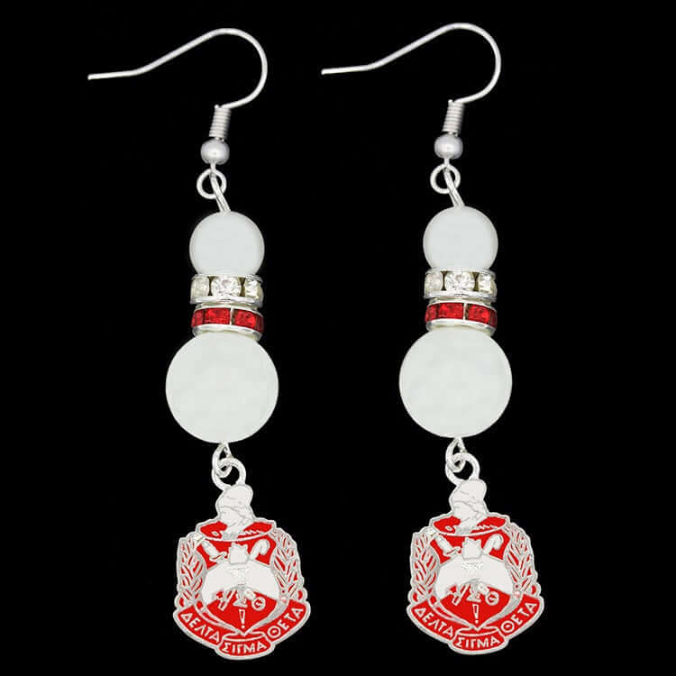Stylish Delta Pearl Collection earrings featuring fraternity symbols, pearl accents, and vibrant colors perfect for Greek gear lovers.