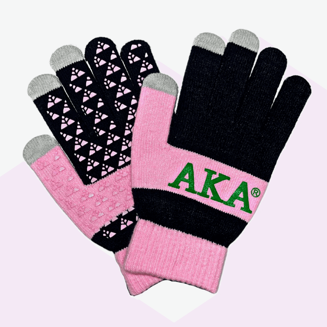 AKA Knit Texting Gloves featuring sorority colors and patterns, perfect for staying warm while using devices.
