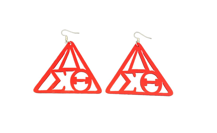 Delta Jewelry red triangle earrings featuring Greek letters, perfect for sorority and fraternity paraphernalia and Greek gear.
