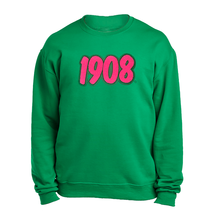 Green AKA sweatshirt with pink chenille "1908" patch, perfect for sorority and fraternity greek gear enthusiasts.