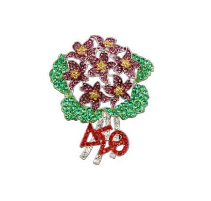 Delta pins featuring African violet design with crystals, perfect sorority paraphernalia for Greek gear.