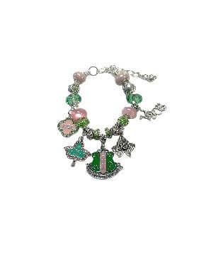 Silver tone AKA charm bracelet with pink and green beads, ideal Greek gear for sorority and fraternity events.