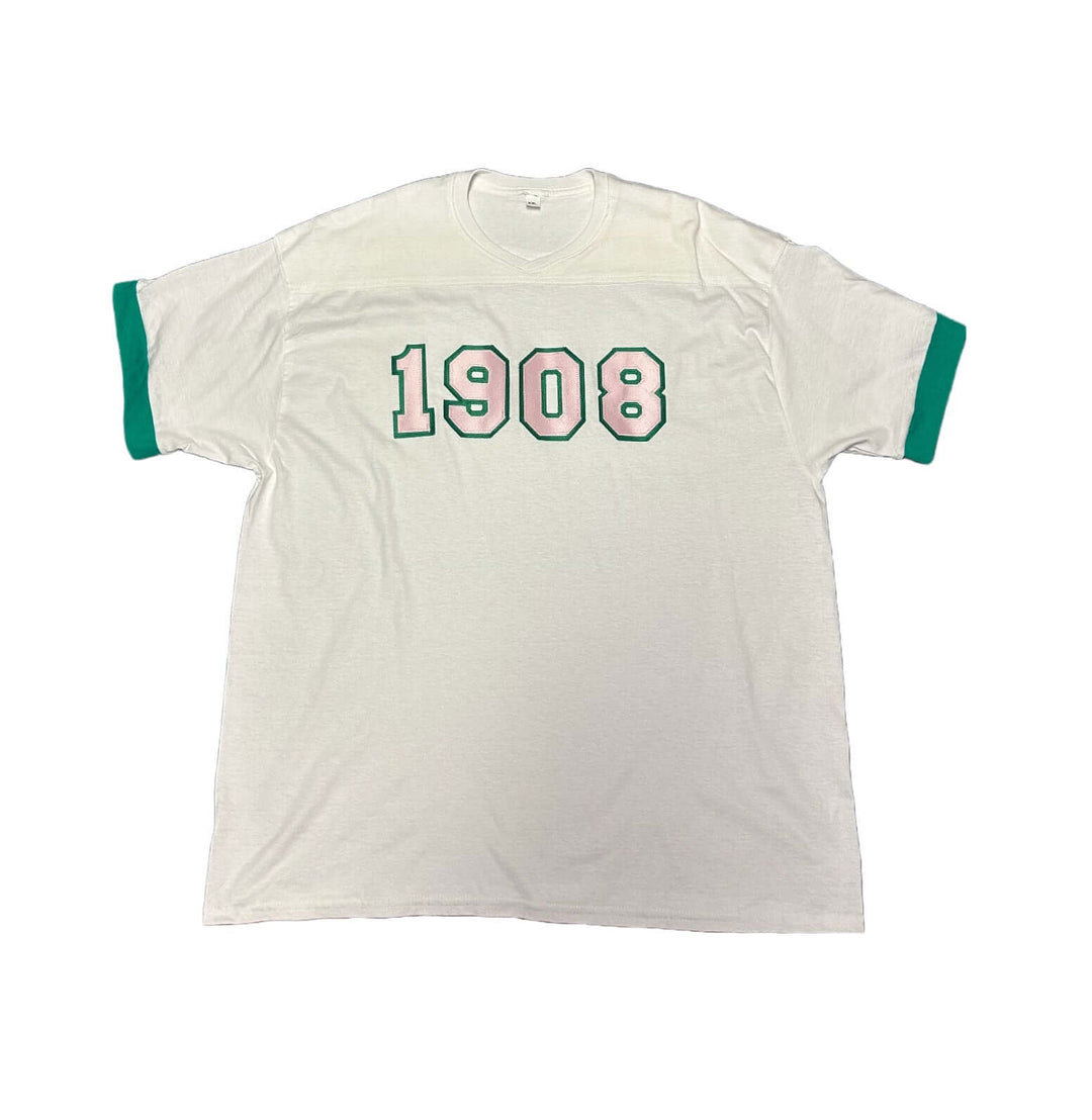 Classic white t-shirt with green trim, featuring embroidered "1908," perfect for sorority and fraternity greek gear.