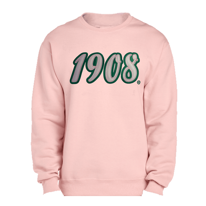 Pink sweatshirt featuring embroidered '1908' design, ideal Greek gear for sorority and fraternity paraphernalia.