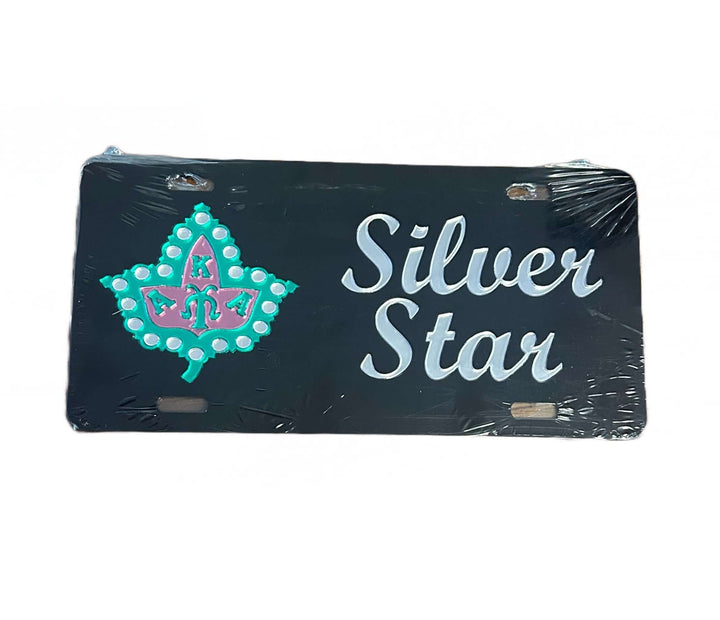 AKA Silver Star car tag with a green emblem and elegant lettering, a perfect accessory for sorority members.