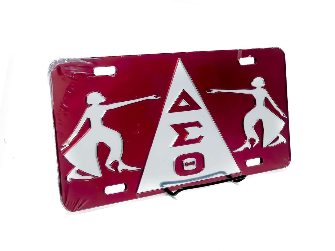 Delta Sigma Theta car tag in bold design showcasing sorority pride and strength, perfect for Greek gear enthusiasts.