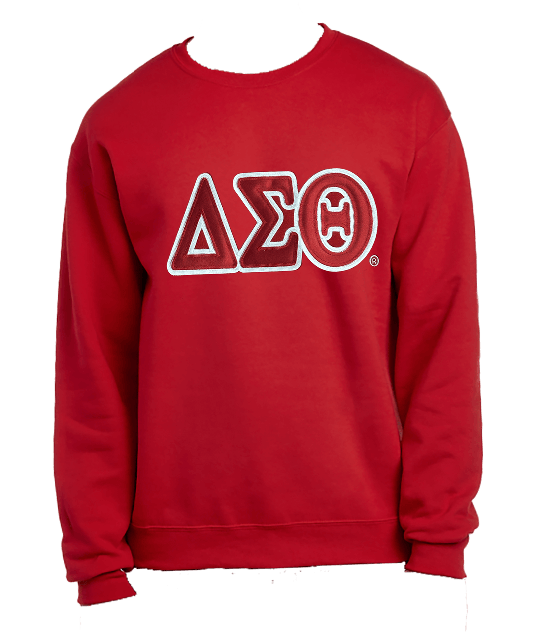 Red unisex sweatshirt featuring embroidered Delta symbols in white, perfect for sorority and fraternity Greek gear.