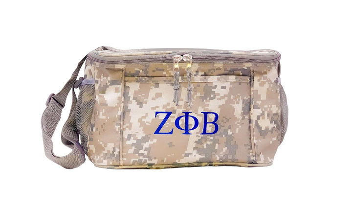 Camouflage lunch bag with adjustable strap and ZΦB logo, perfect for sorority and fraternity paraphernalia.