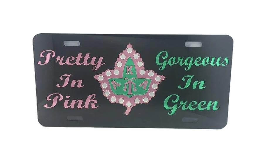 AKA Car Tag - Pretty In Pink Gorgeous In Green, celebrating sorority spirit and Greek life with vibrant design.