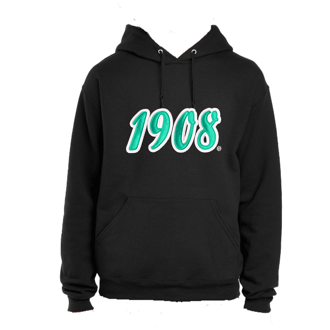 Black AKA 1908 hooded sweatshirt, perfect for sorority and fraternity Greek gear. Stay stylish and warm in classic paraphernalia.