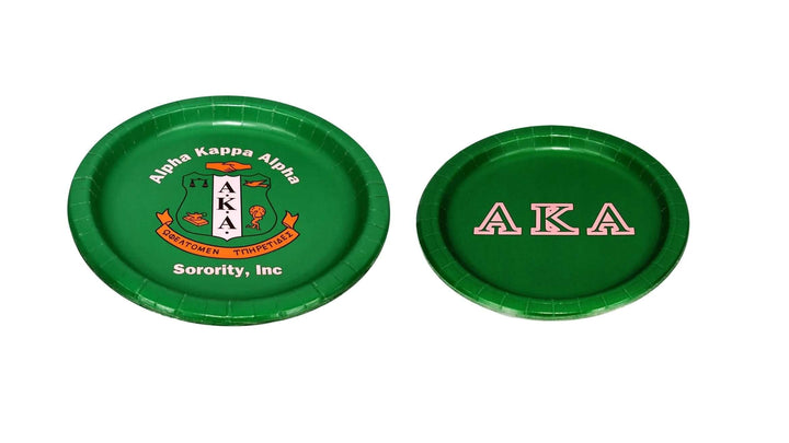 AKA Plates 8 Count, 10-inch dinner and 7-inch snack paper plates in green, perfect for sorority and fraternity gatherings.