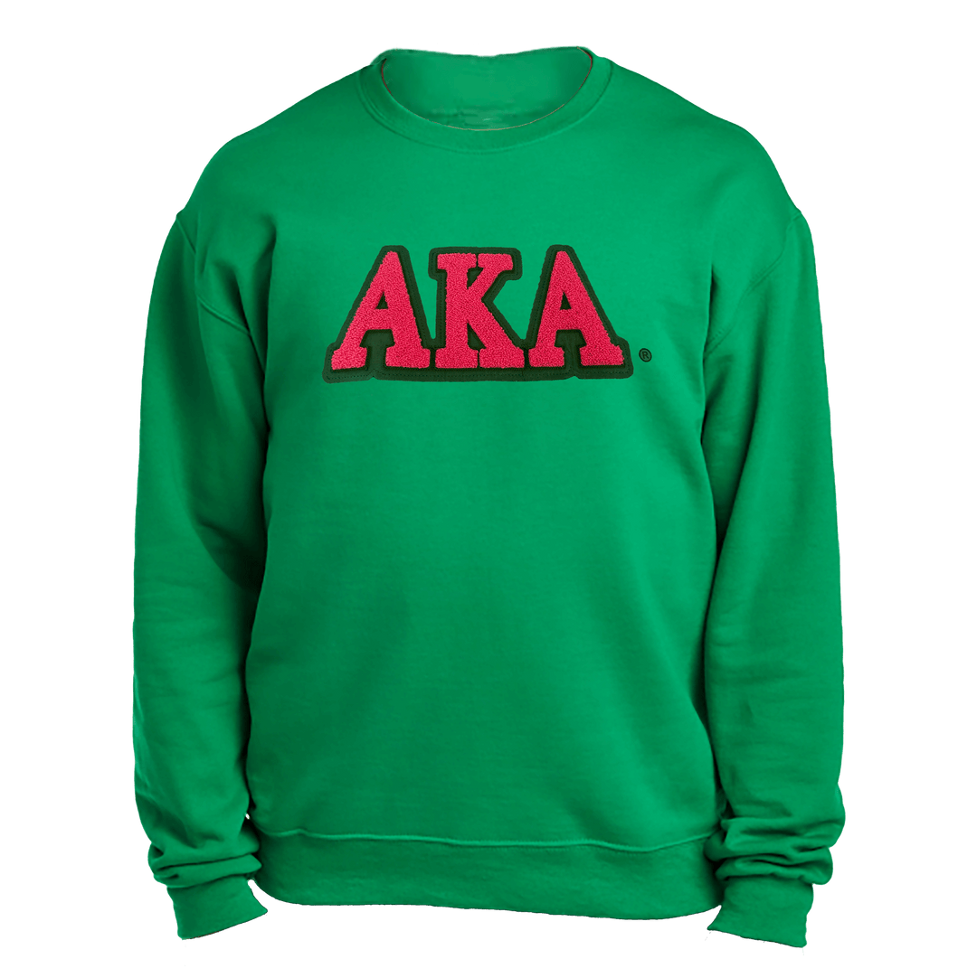 AKA embroidered chenille symbols green sweatshirt, perfect for sorority and fraternity Greek gear enthusiasts.