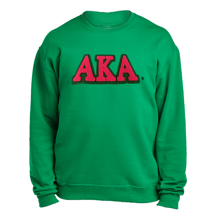 AKA embroidered chenille symbols green sweatshirt, perfect for sorority and fraternity Greek gear enthusiasts.