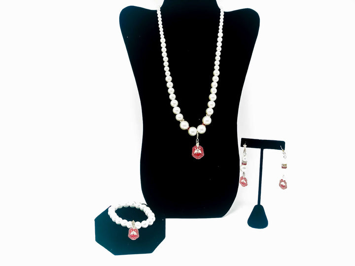 Delta Pearl Collection jewelry set featuring elegant necklace, bracelet, and earrings—perfect for sorority and fraternity events.